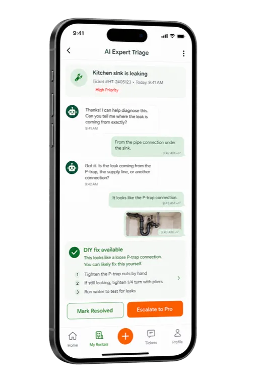 RentHomie AI Expert Triage on a phone